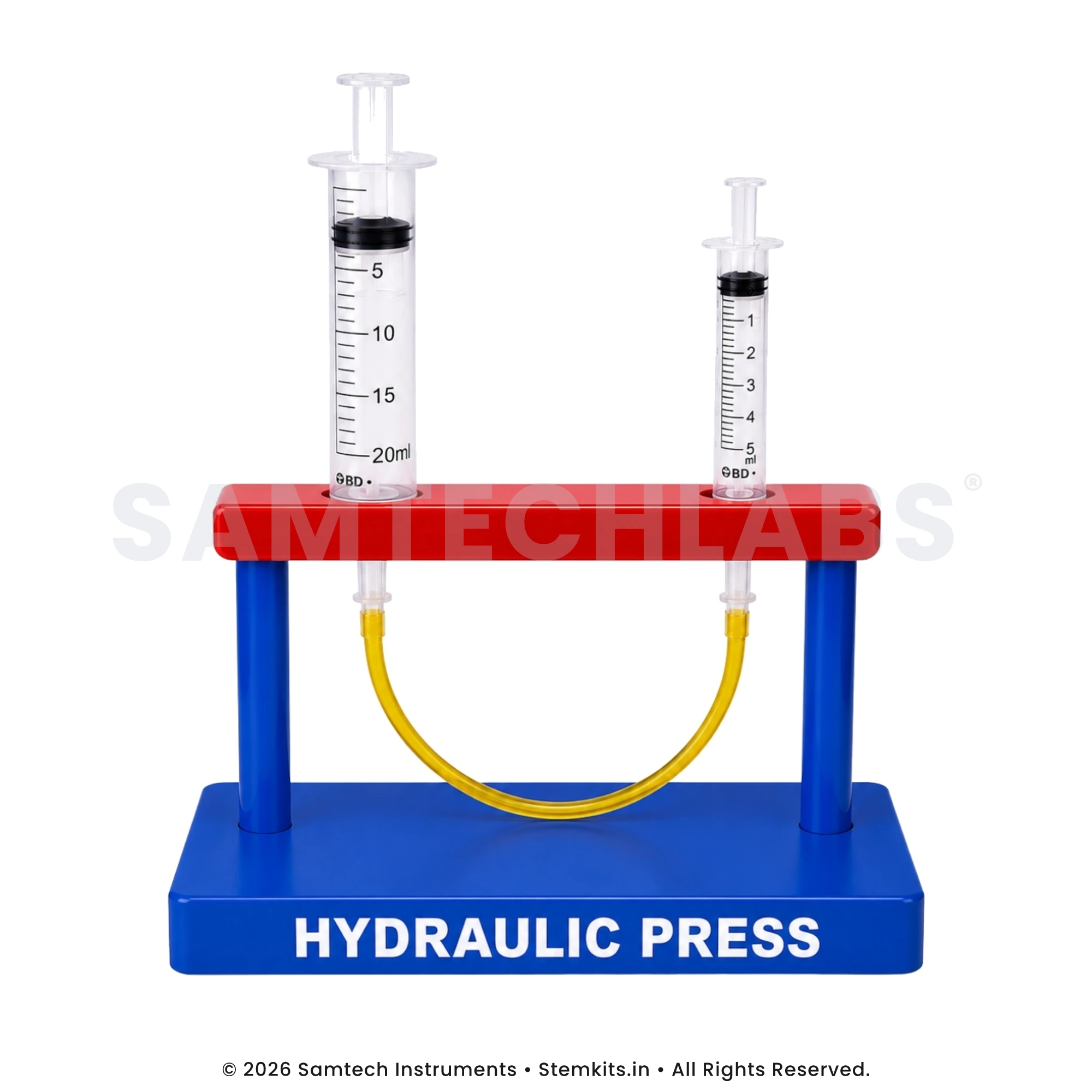 Hydraulic press model demonstrating Pascal's law of fluid pressure