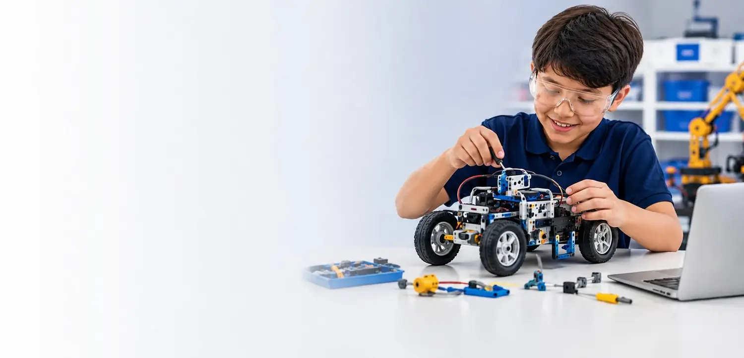 Student building a science kit in a STEM lab